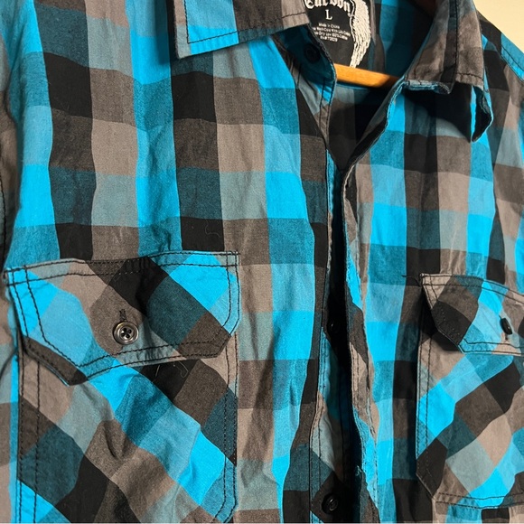 EUC Carbon Men's Long Sleeve Blue Flannel Button Up Sz L 100% Cotton - Picture 3 of 4